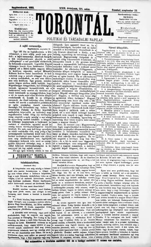 Torontál, 22. évf. 1893. szeptember 23. 218. sz.