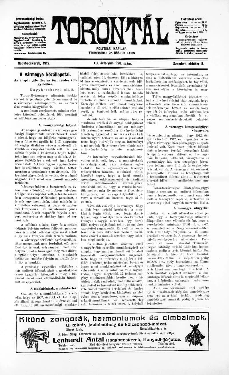 Torontál, 41. évf. 1912. október 5. 228. sz.