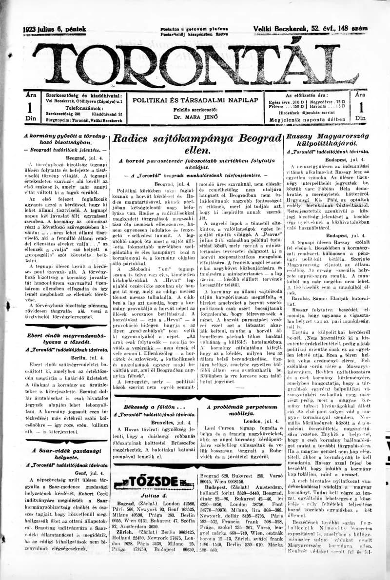 Torontál, 52. évf. 1923. július 6. 148. sz.