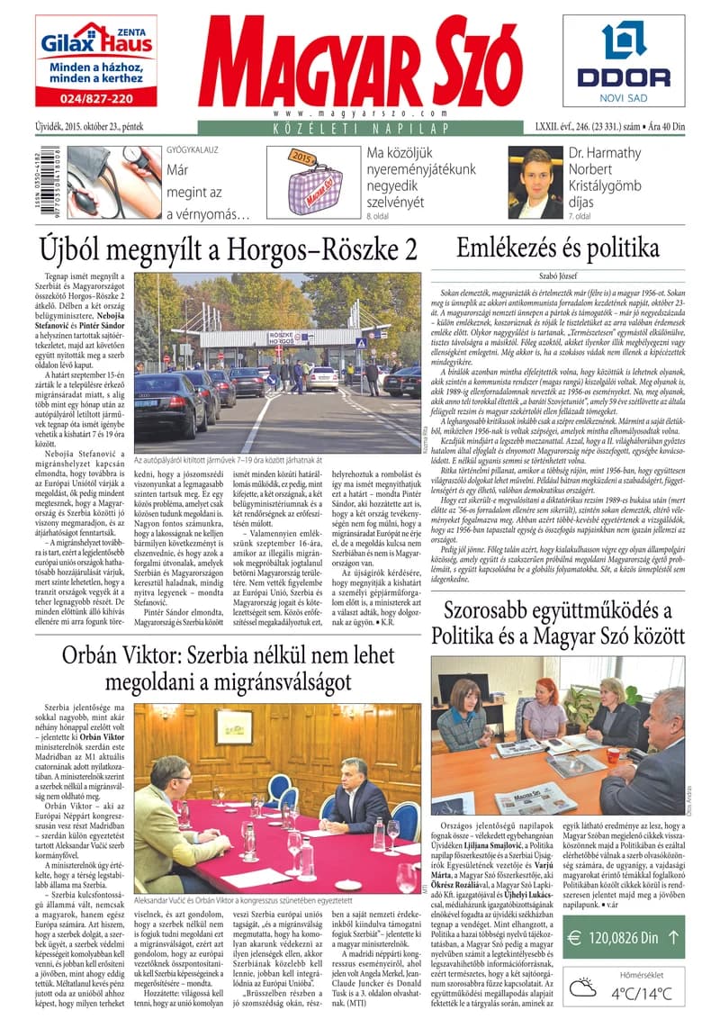 Magyar Szó, 72. évf. 2015. október 23. 246. sz. 1–16. oldal