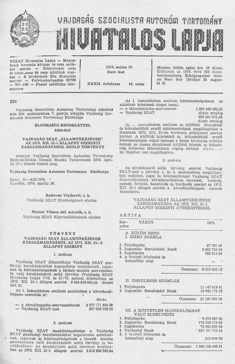 Vajdaság Szocialista Autonóm Tartomány Hivatalos Lapja, 32. évf. 1976. május 18. 10. sz. 317–352. oldal