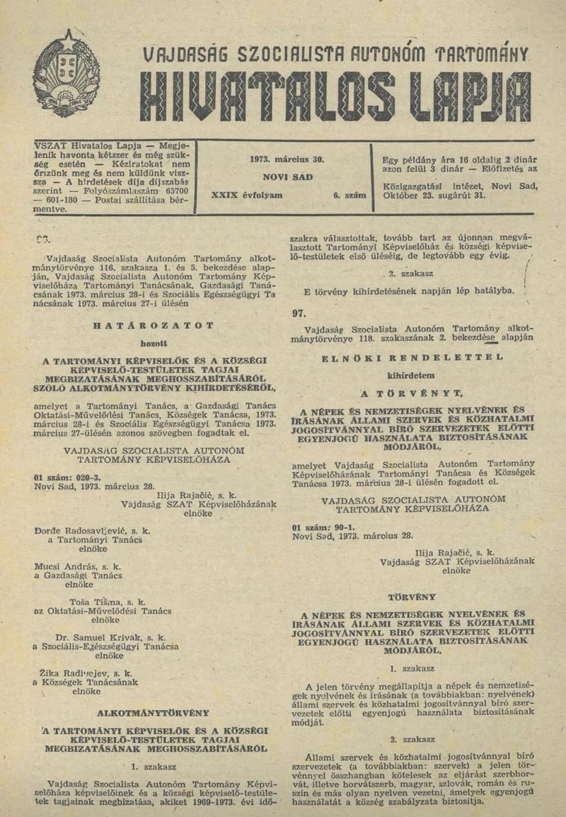 Vajdaság Szocialista Autonóm Tartomány Hivatalos Lapja, 29. évf. 1973. március 30. 6. sz. 93–96. oldal