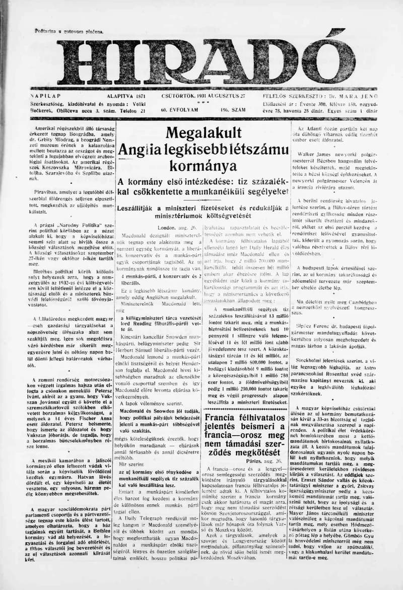 Híradó, 60. évf. 1931. augusztus 27. 196. sz.