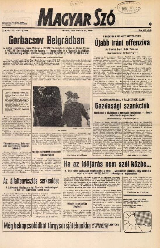 Magyar Szó, 45. évf. 1988. március 15. 73. sz. 1–20. oldal