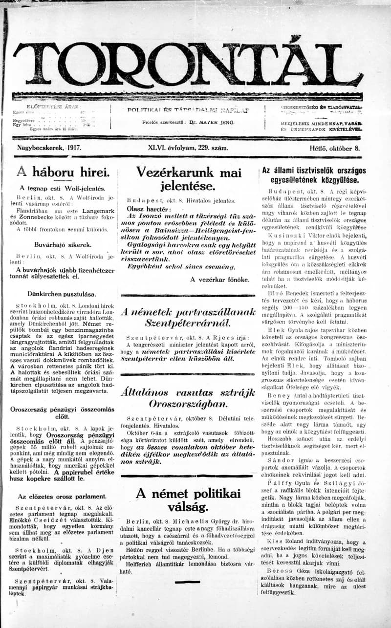Torontál, 46. évf. 1917. október 8. 229. sz.