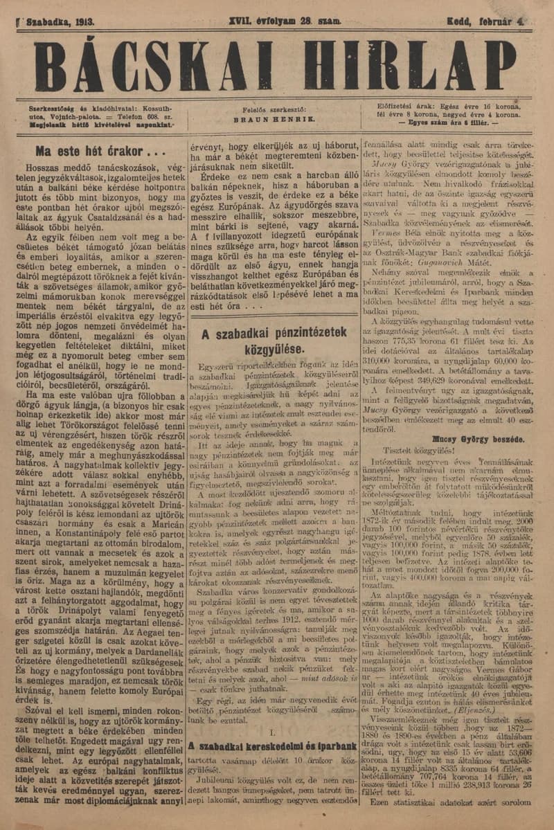 Bácskai Hirlap, 17. évf. 1913. február 4. 28. sz.