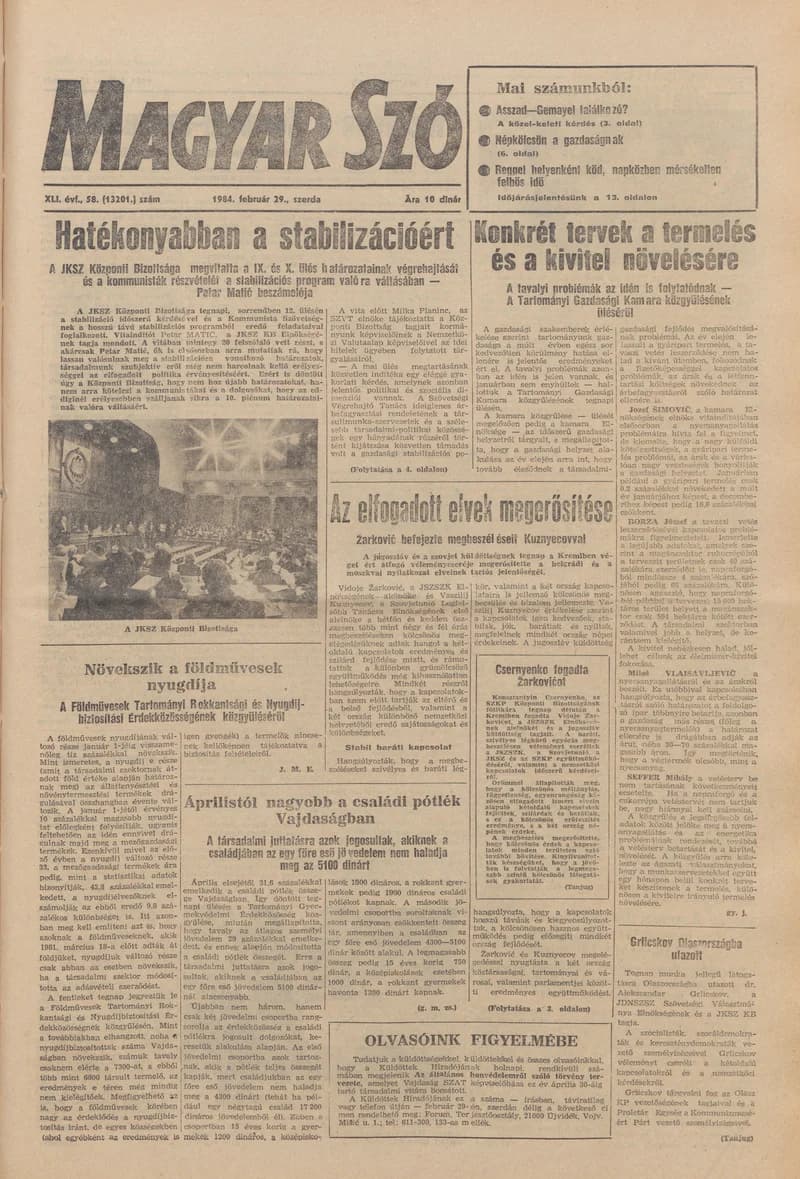 Magyar Szó, 41. évf. 1984. február 29. 58. sz. 1–20. oldal