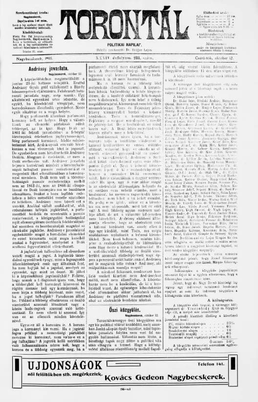 Torontál, 34. évf. 1905. október 12. 233. sz.