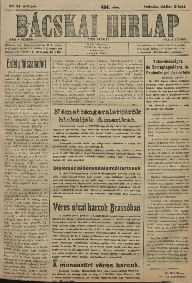Bácskai Hirlap, 20. évf. 1916. október 10. 464. sz.