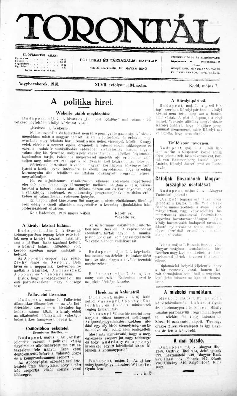 Torontál, 47. évf. 1918. május 7. 104. sz.