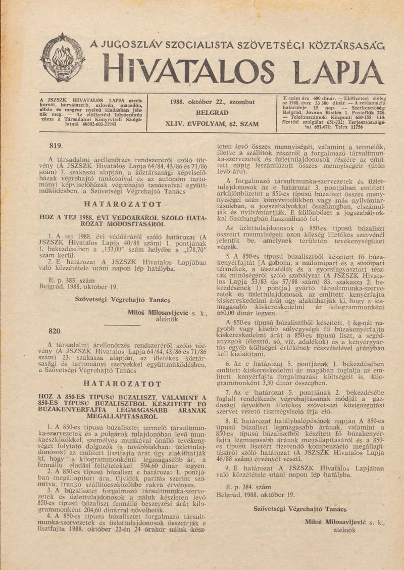 A Jugoszláv Szocialista Szövetségi Köztársaság Hivatalos Lapja, 44. évf. 1988. október 22. 62. sz. 1589–1592. oldal