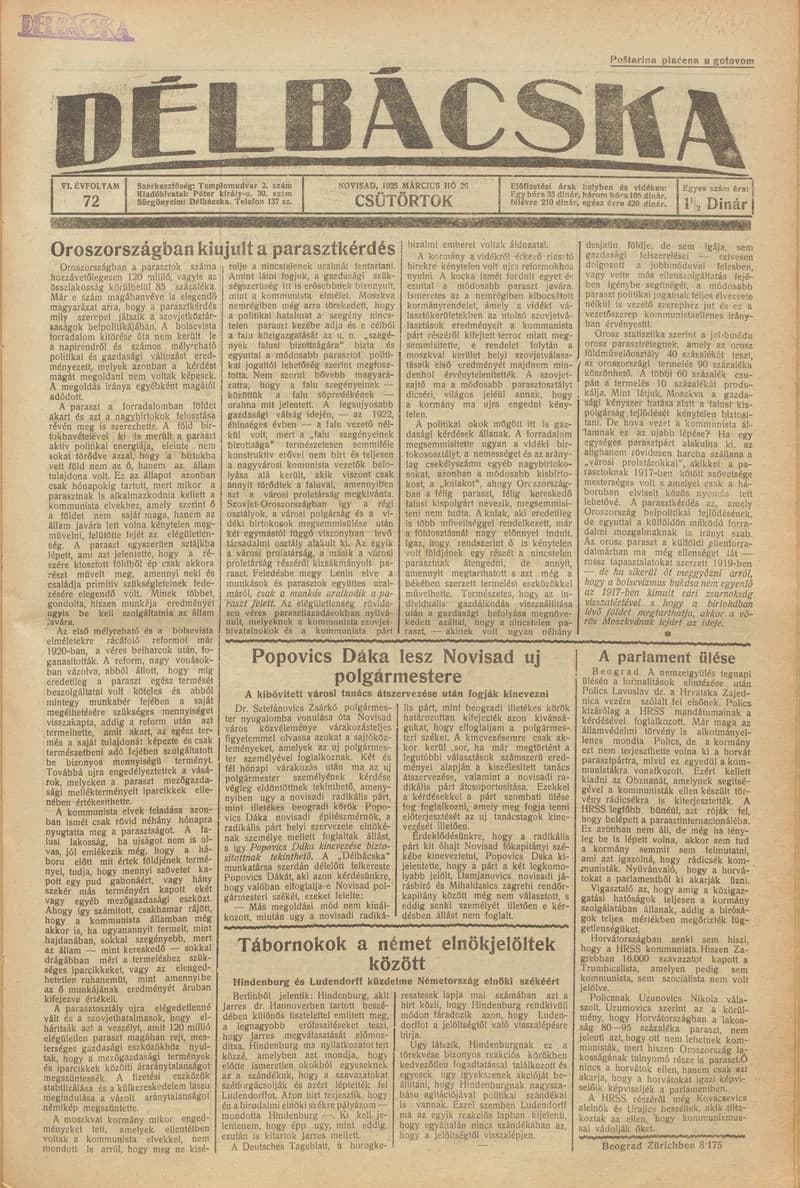 Délbácska, 6. évf. 1925. március 26. 72. sz.