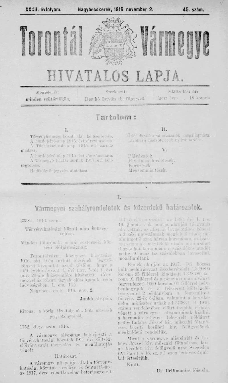 Torontál Vármegye Hivatalos Lapja, 32. évf. 1916. november 2. 45. sz.
