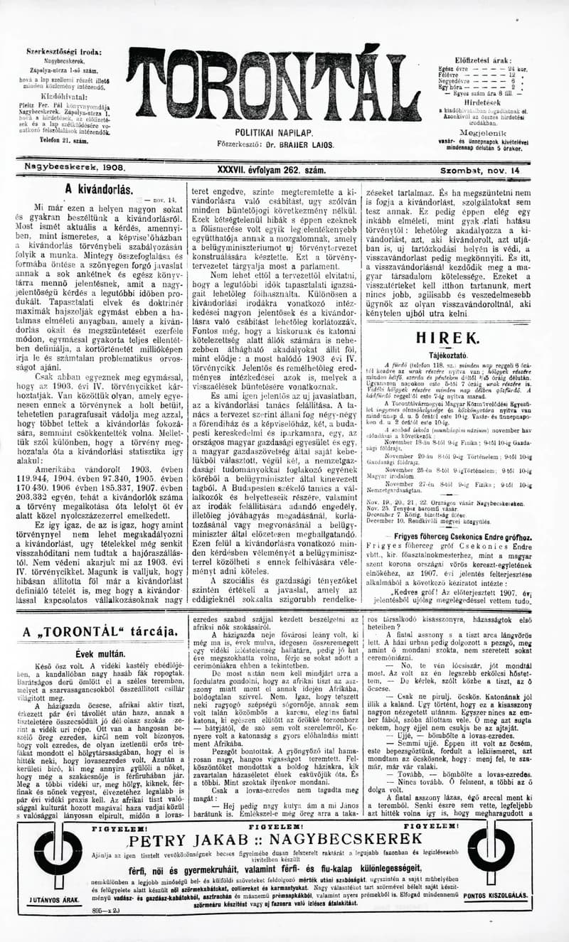 Torontál, 37. évf. 1908. november 14. 262. sz.