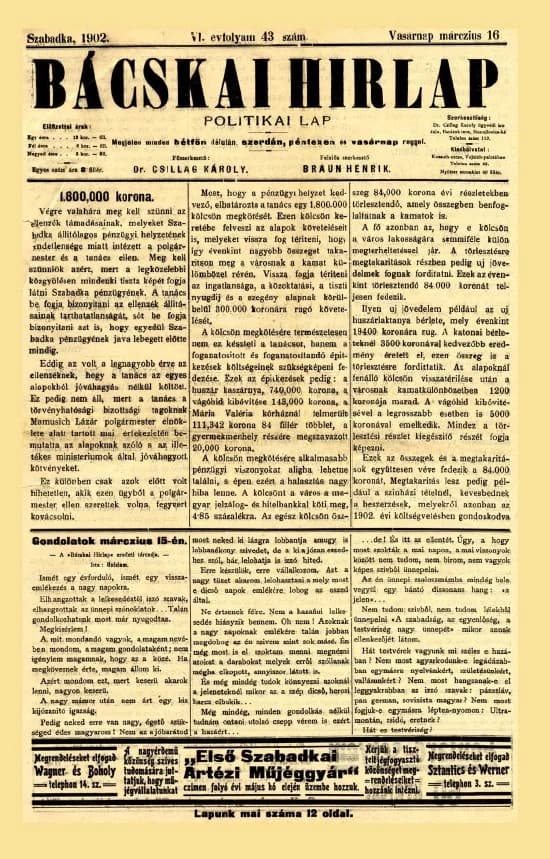 Bácskai Hirlap, 6. évf. 1902. március 16. 43. sz.