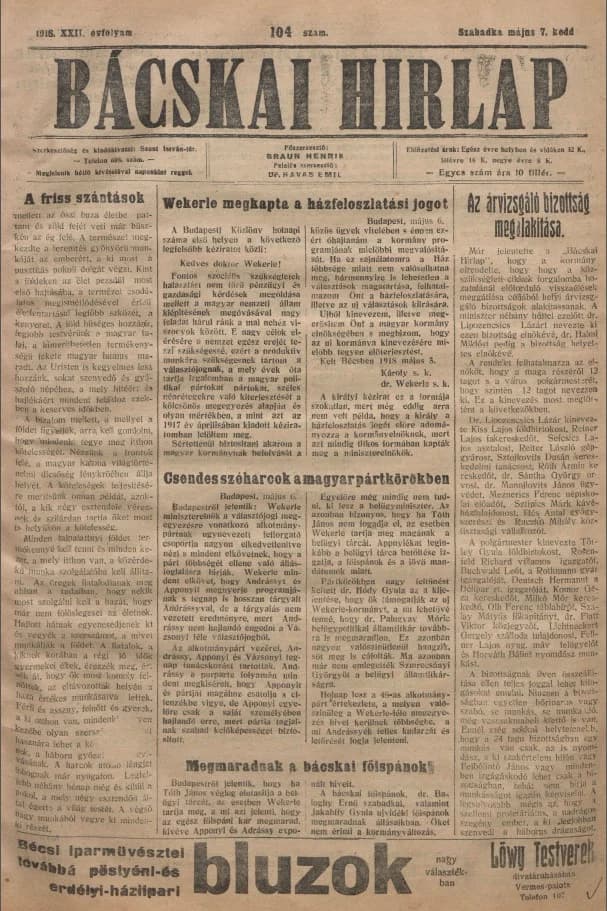 Bácskai Hirlap, 22. évf. 1918. május 7. 104. sz.
