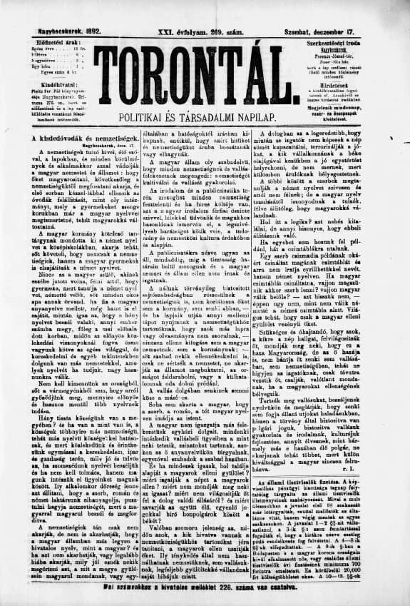 Torontál, 21. évf. 1892. december 17. 269. sz.