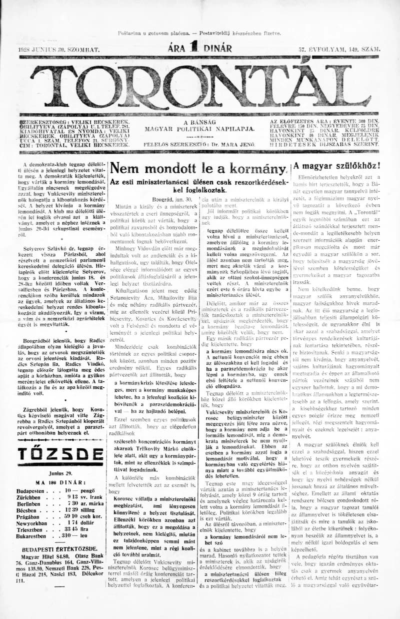Torontál, 57. évf. 1928. június 30. 149. sz.