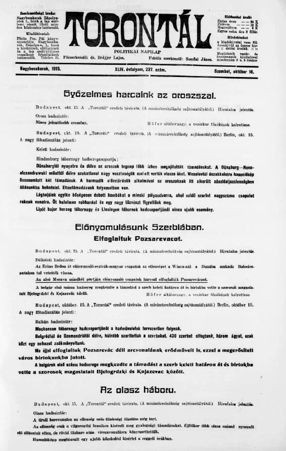 Torontál, 44. évf. 1915. október 16. 237. sz.