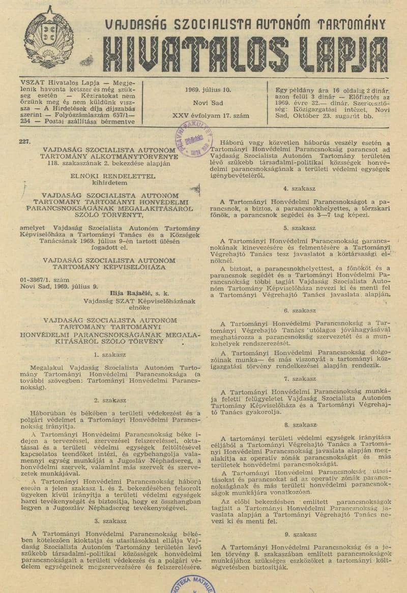Vajdaság Szocialista Autonóm Tartomány Hivatalos Lapja, 25. évf. 1969. július 10. 17. sz. 337–344. oldal