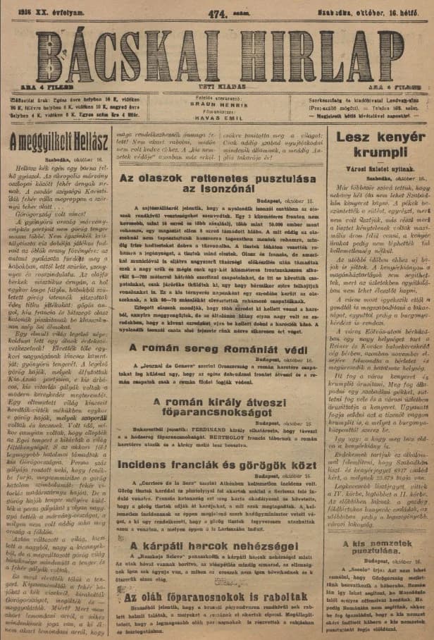 Bácskai Hirlap, 20. évf. 1916. október 16. 474. sz.