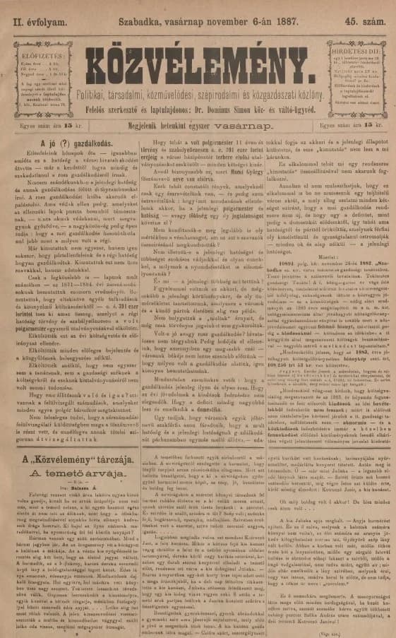 Közvélemény, 2. évf. 1887. november 6. 45. sz.