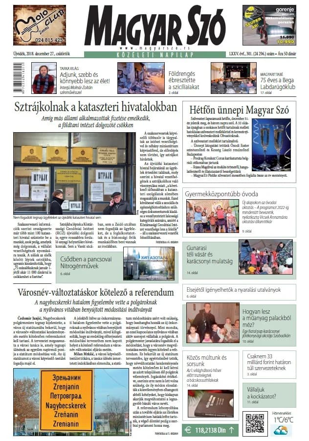 Magyar Szó, 75. évf. 2018. december 27. 301. sz. 1–20. oldal