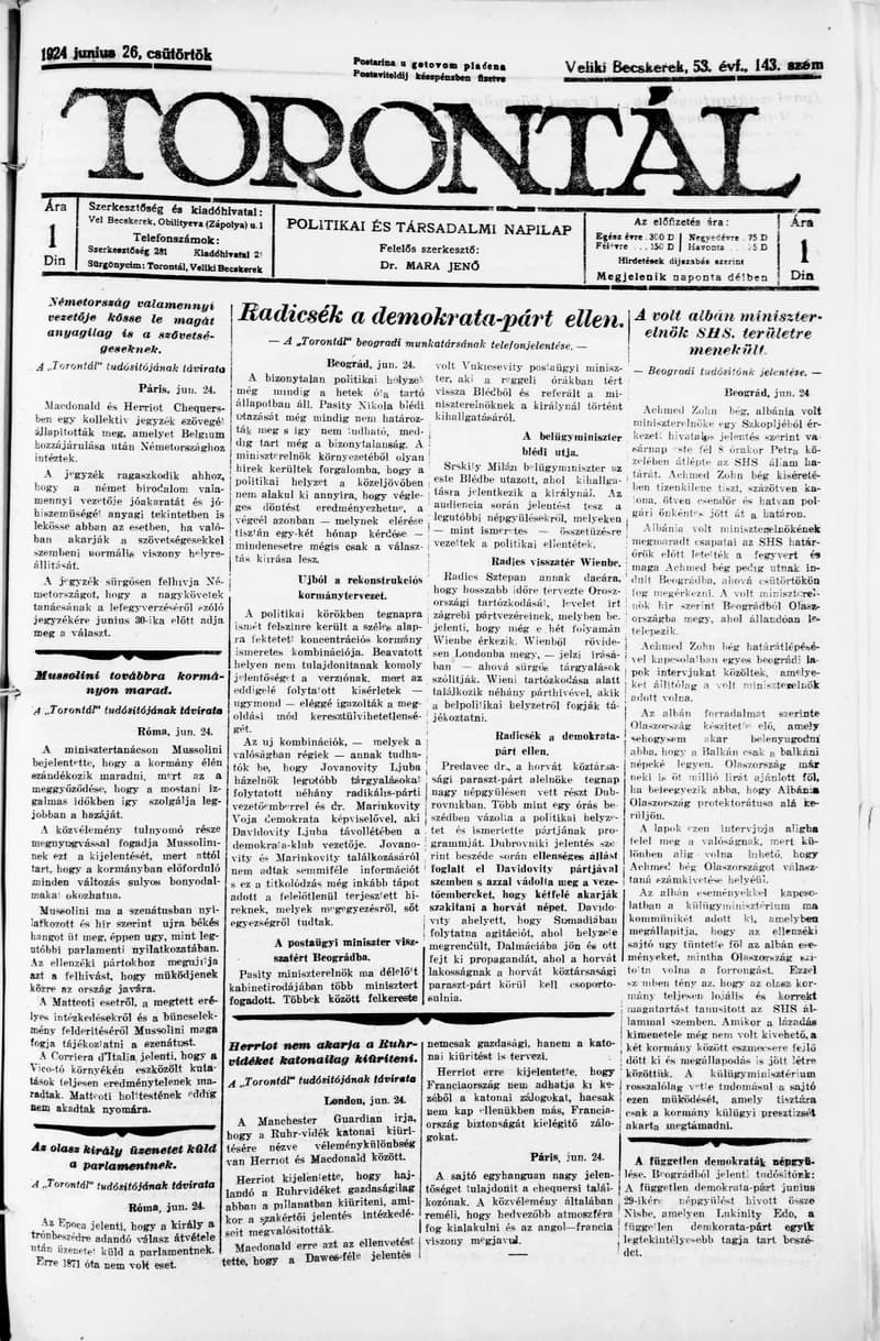 Torontál, 53. évf. 1924. június 26. 143. sz.