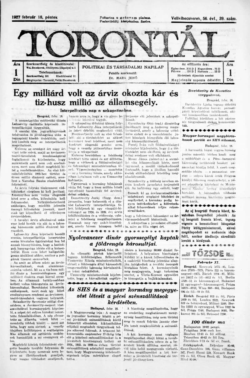 Torontál, 56. évf. 1927. február 18. 39. sz.