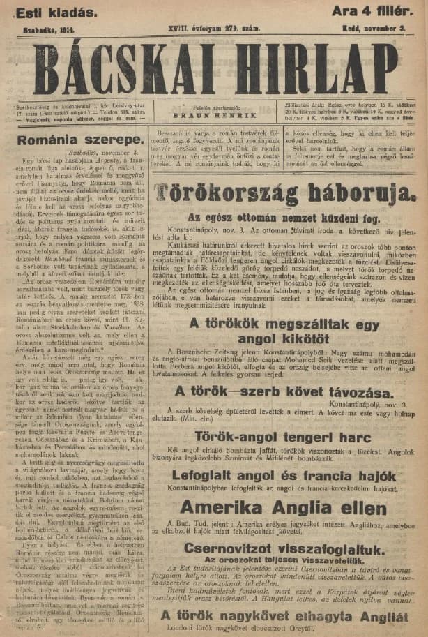 Bácskai Hirlap, 18. évf. 1914. november 3. 279. sz.