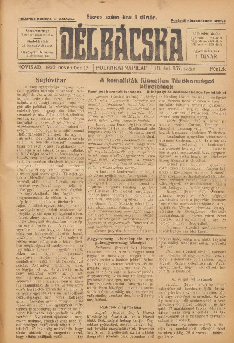 Délbácska, 3. évf. 1922. november 17. 257. sz.