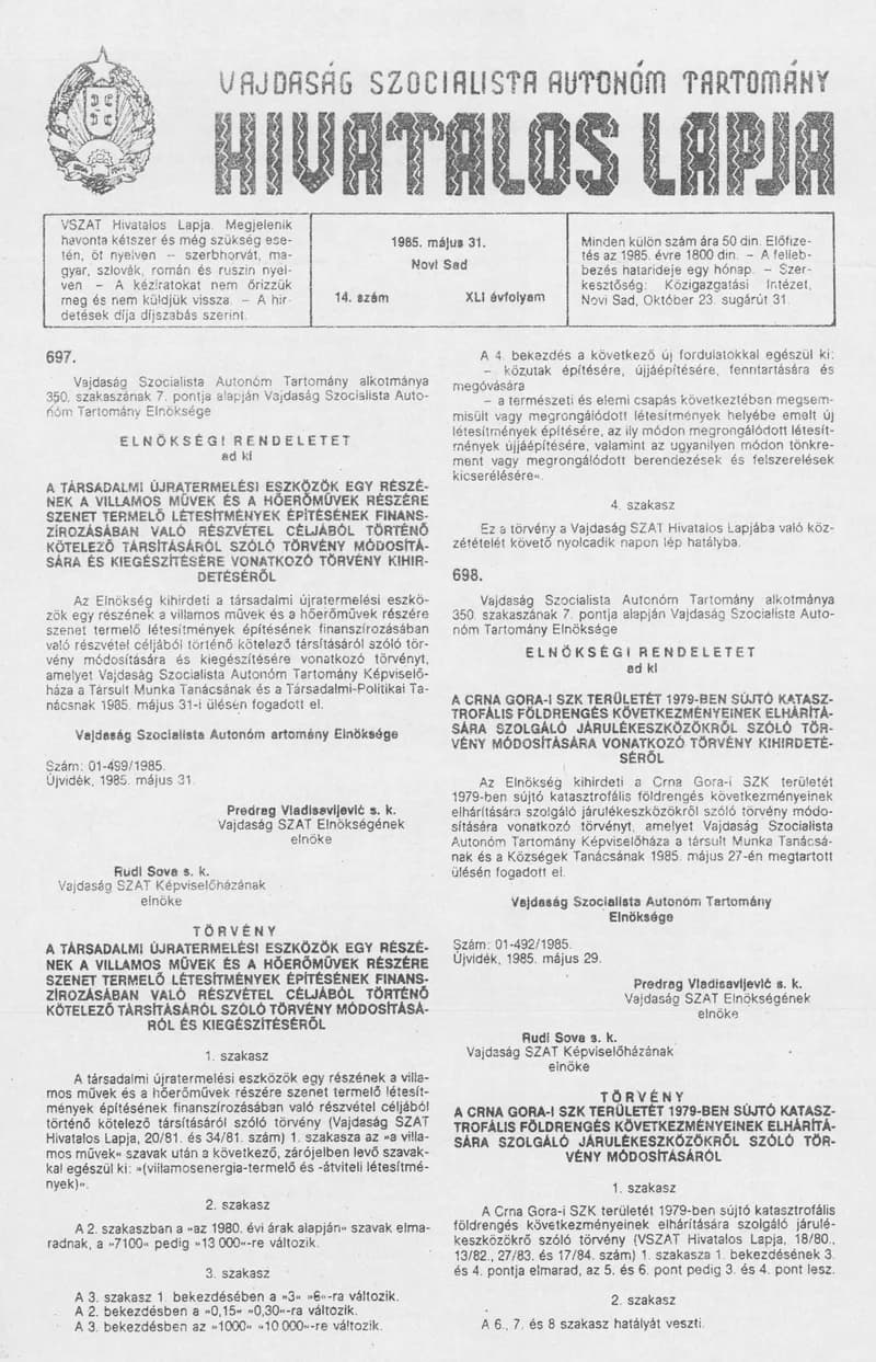 Vajdaság Szocialista Autonóm Tartomány Hivatalos Lapja, 41. évf. 1985. május 31. 14. sz.