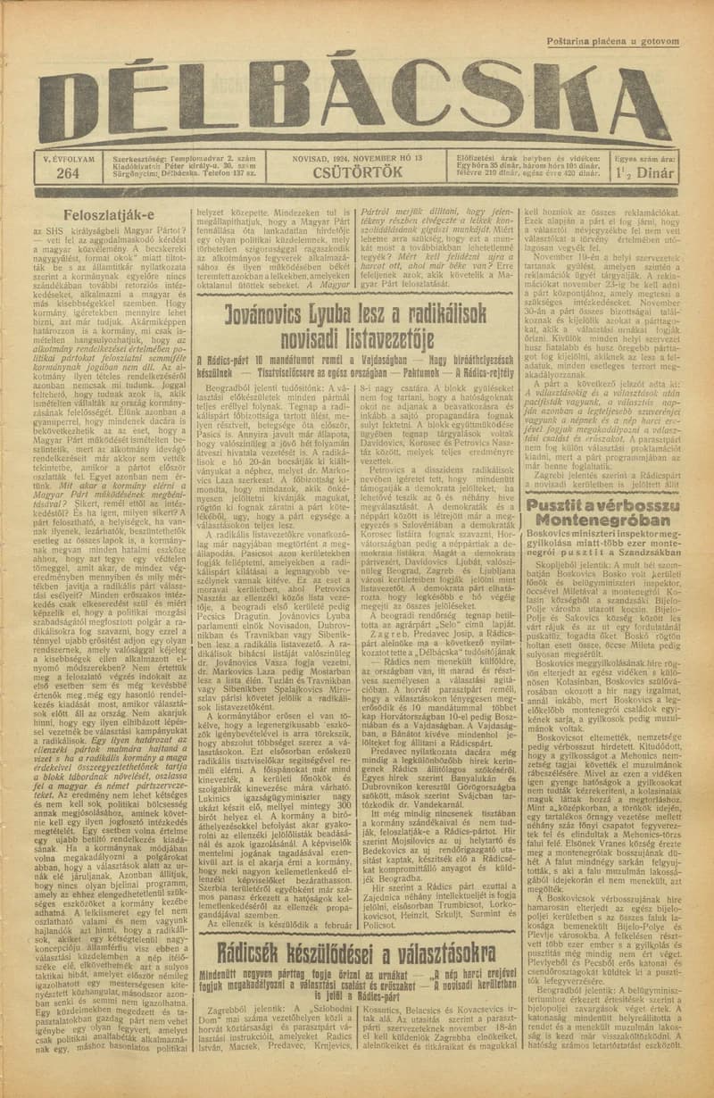 Délbácska, 5. évf. 1924. november 13. 264. sz.