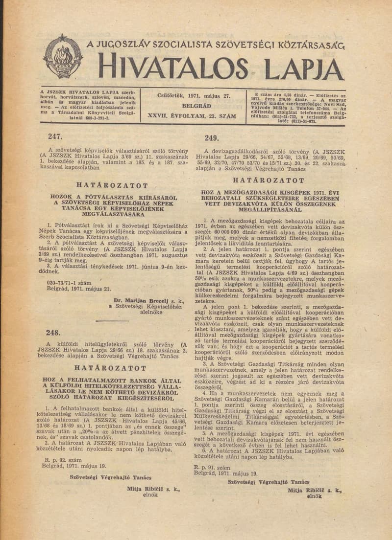 A Jugoszláv Szocialista Szövetségi Köztársaság Hivatalos Lapja, 27. évf. 1971. május 27. 23. sz. 405–408. oldal