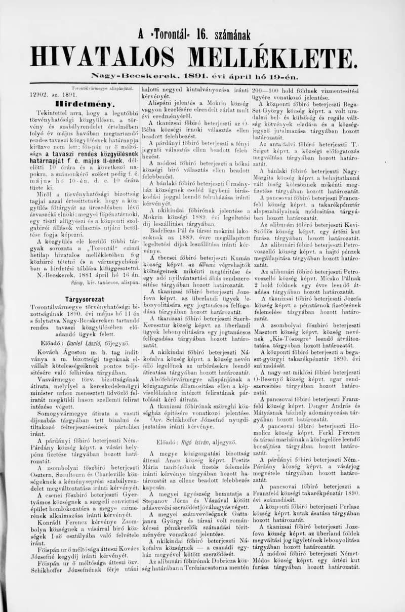 A Totontál  hivatalos melléklete, 4. évf. 1891. április 19. 16. sz.
