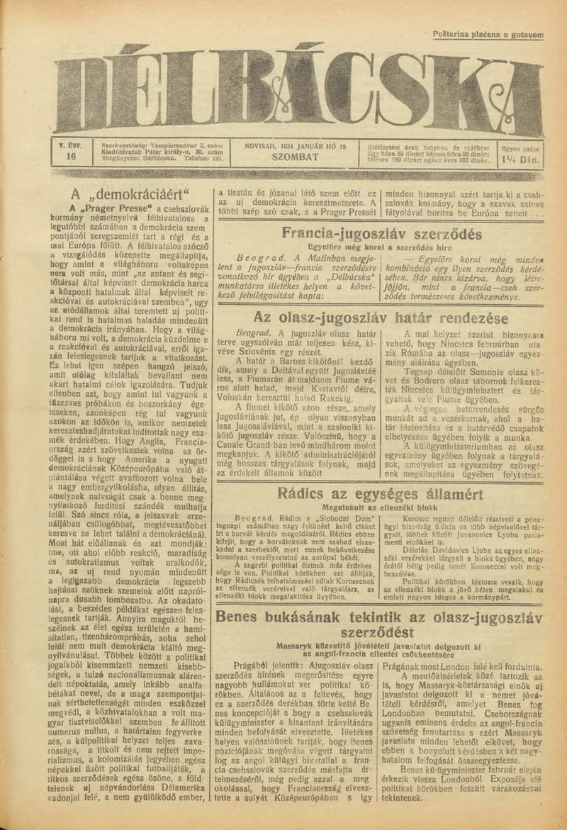 Délbácska, 5. évf. 1924. január 19. 16. sz.