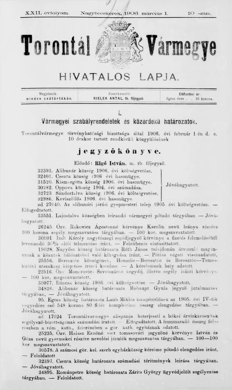 Torontál Vármegye Hivatalos Lapja, 22. évf. 1906. március 1. 10. sz.