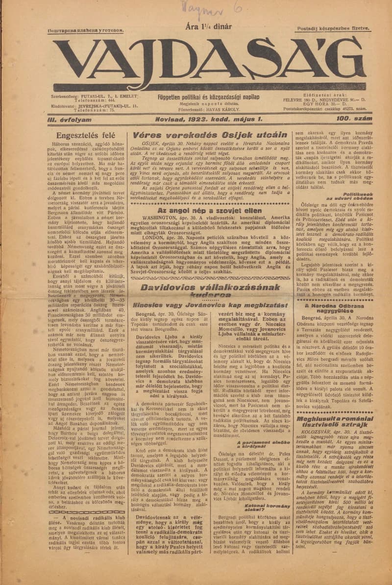 Vajdaság, 3. évf. 1923. május 1. 100. sz.