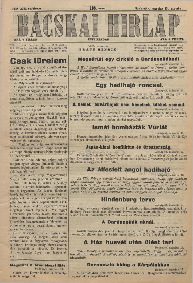 Bácskai Hirlap, 19. évf. 1915. március 13. 118. sz.