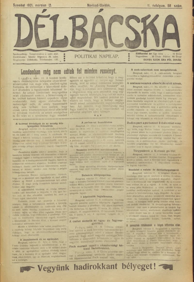 Délbácska, 2. évf. 1921. március 12. 58. sz.