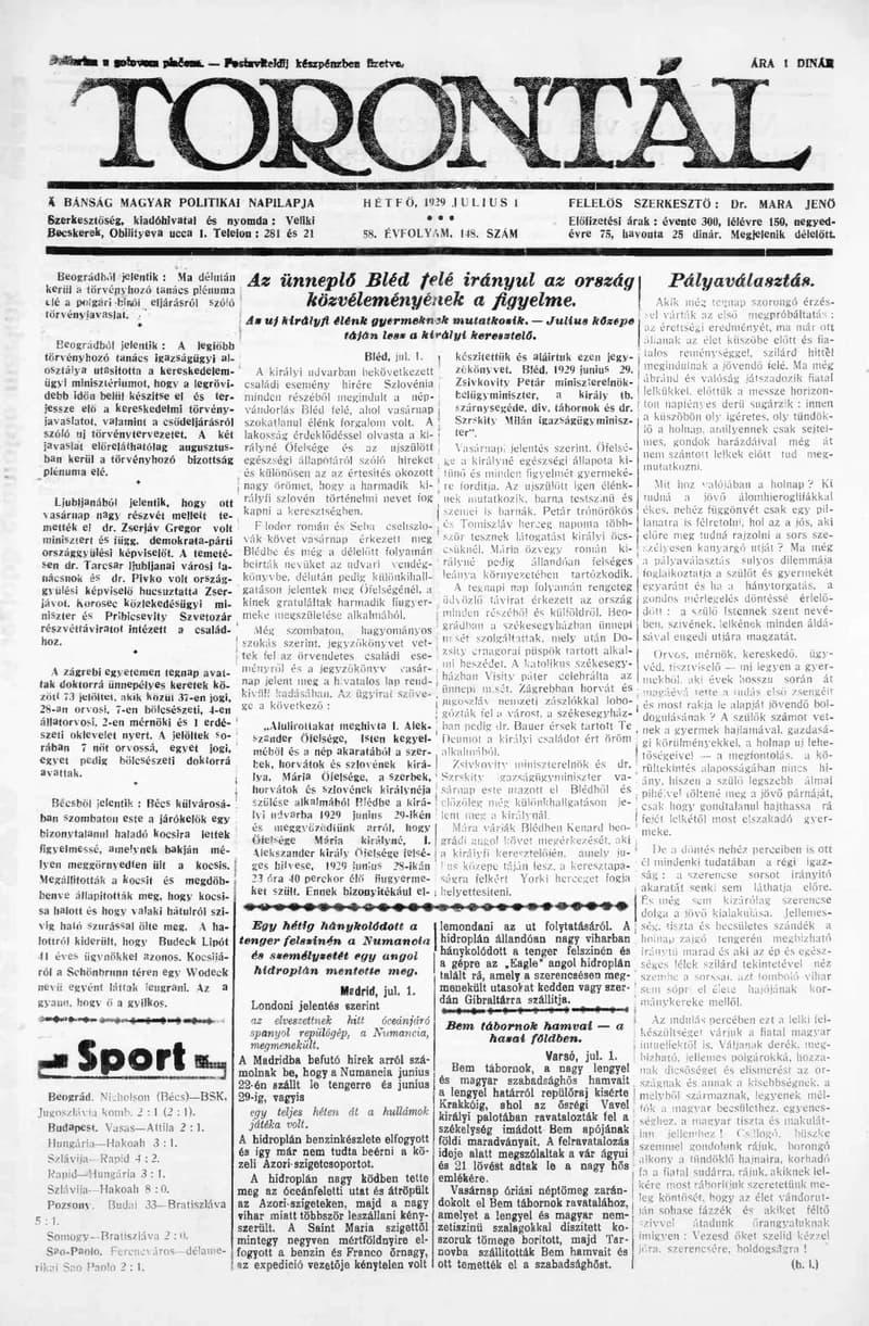 Torontál, 58. évf. 1929. július 1. 148. sz.
