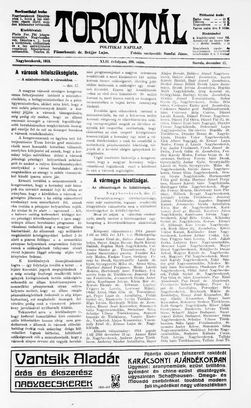 Torontál, 42. évf. 1913. december 17. 289. sz.