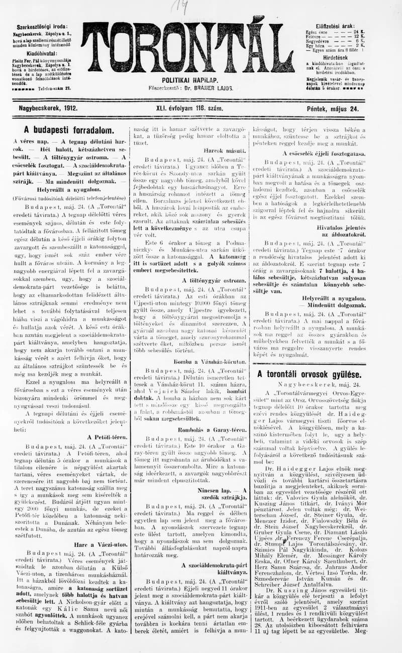 Torontál, 41. évf. 1912. május 24. 118. sz.
