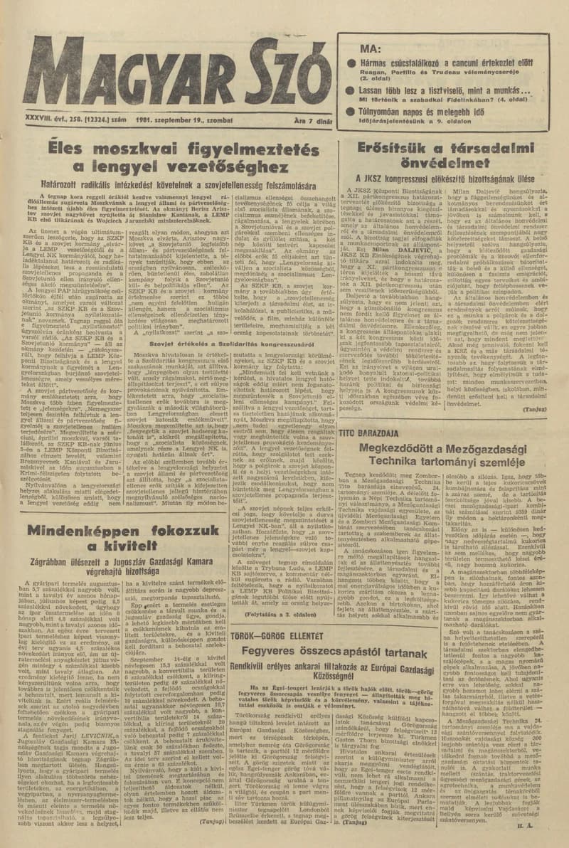 Magyar Szó, 38. évf. 1981. szeptember 19. 258. sz.