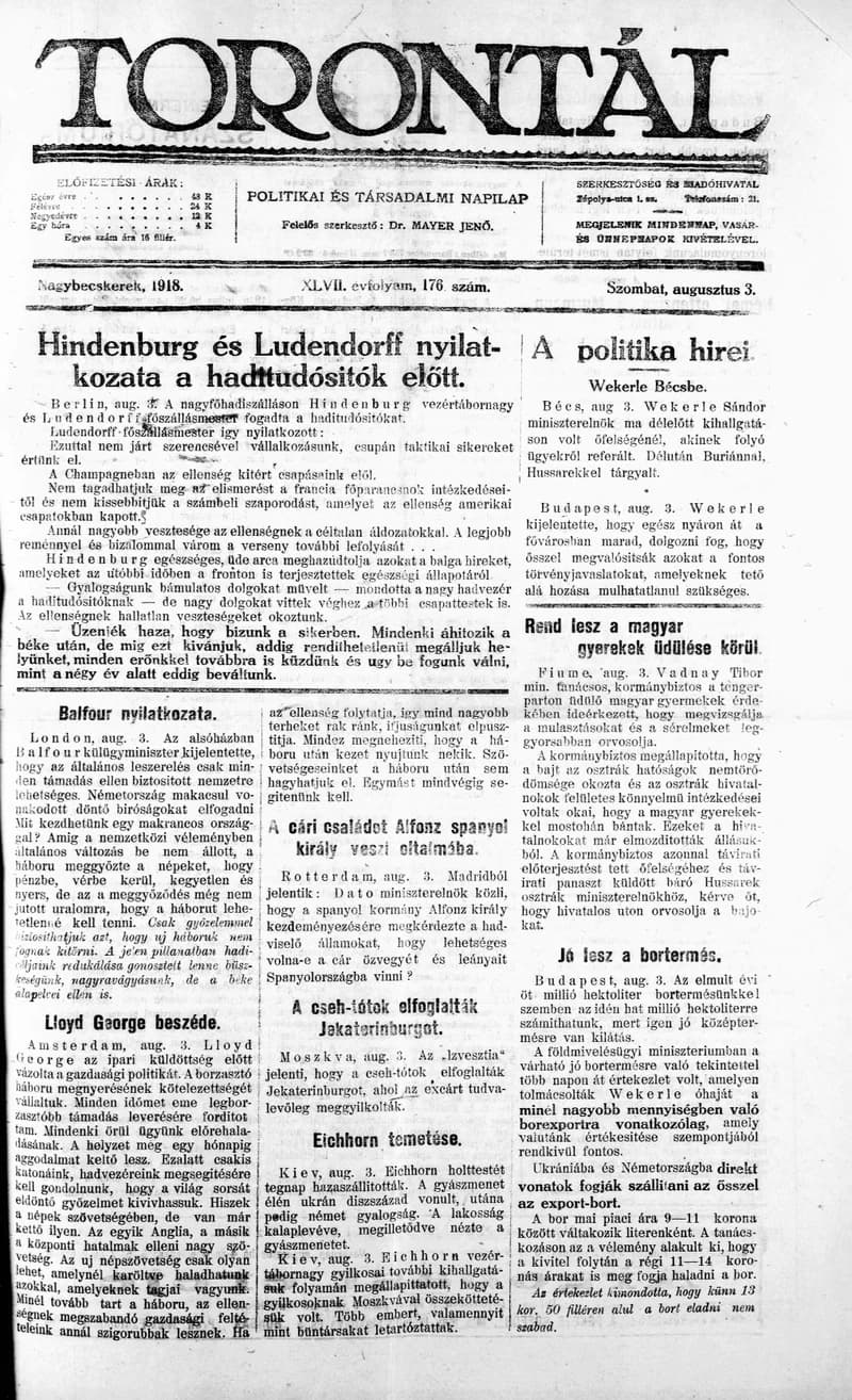 Torontál, 47. évf. 1918. augusztus 3. 176. sz.