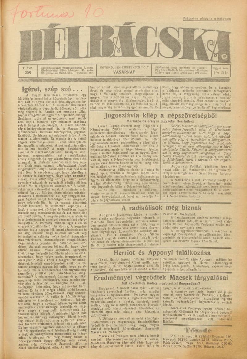 Délbácska, 5. évf. 1924. szeptember 7. 208. sz.