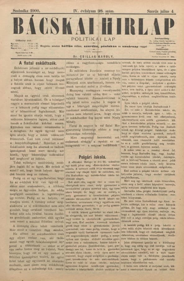 Bácskai Hirlap, 4. évf. 1900. július 4. 98. sz.