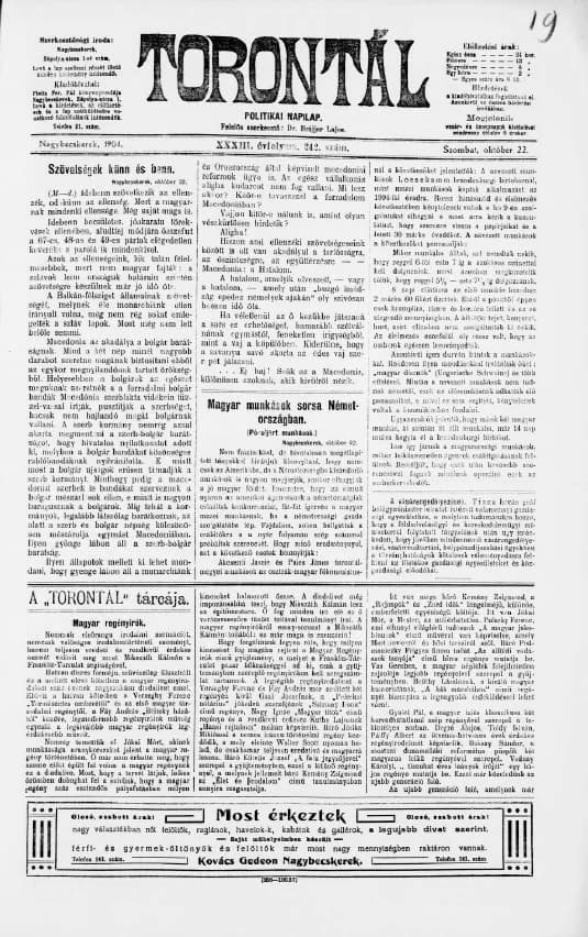 Torontál, 33. évf. 1904. október 22. 242. sz.
