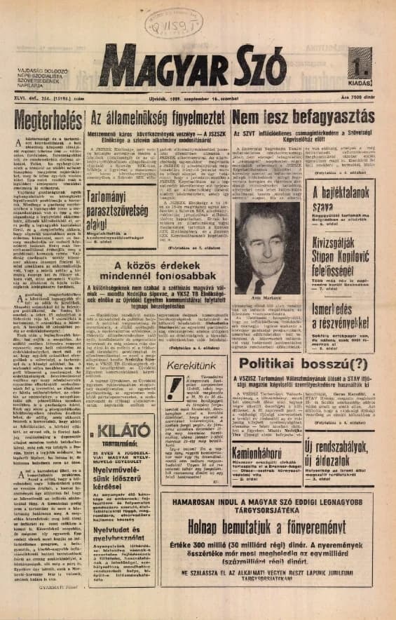 Magyar Szó, 46. évf. 1989. szeptember 16. 254. sz. 1–28. oldal