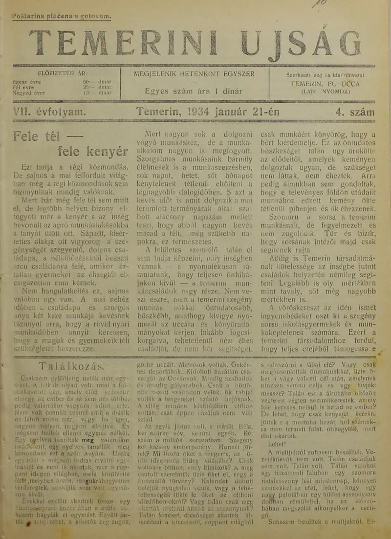 Temerini Újság 1928-1944, 7. évf. 1934. január 21. 4. sz.